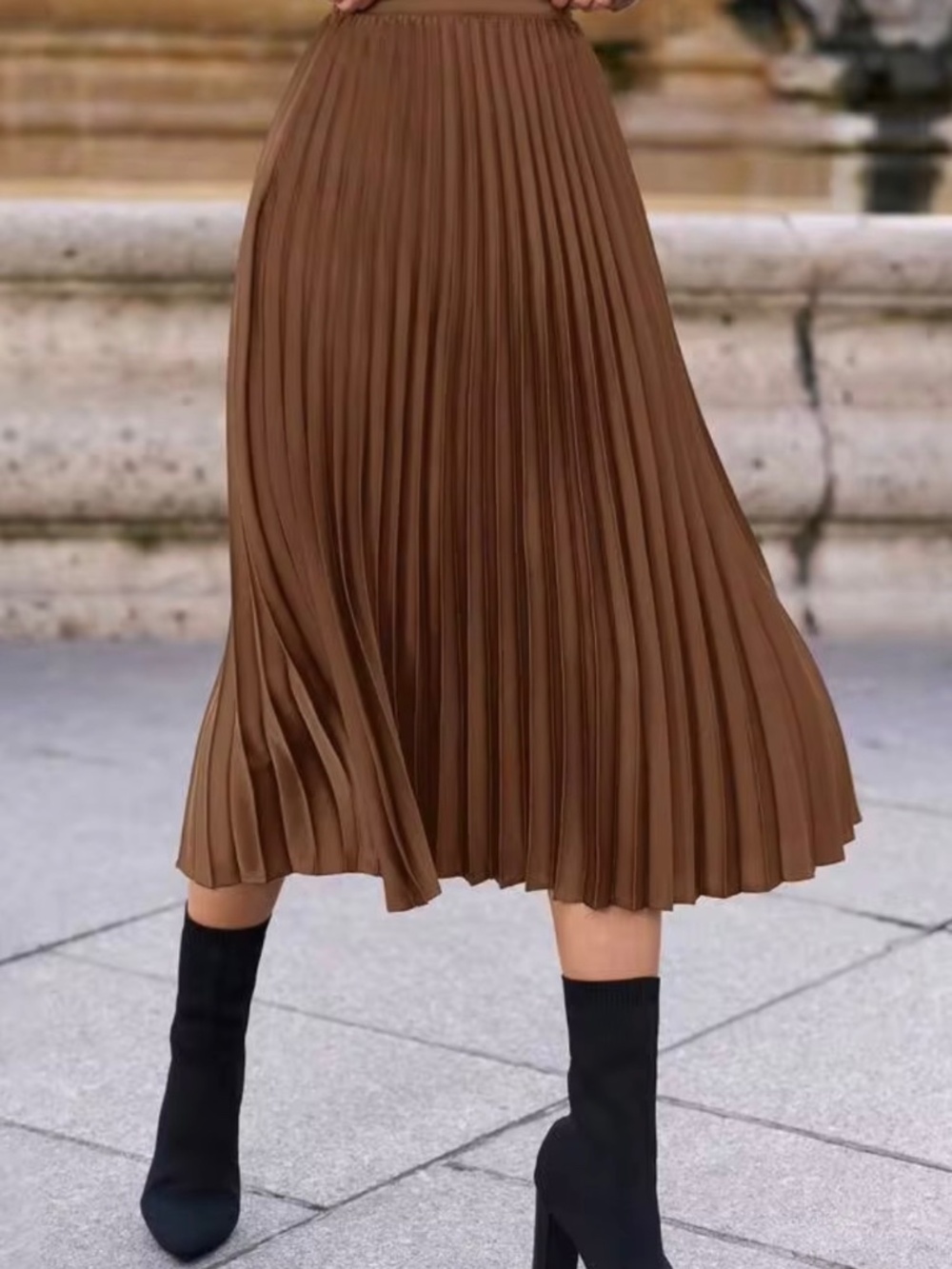 Camel Pleated Midi Skirt Flowy A-Line Elastic Waist Classic Fall Women's